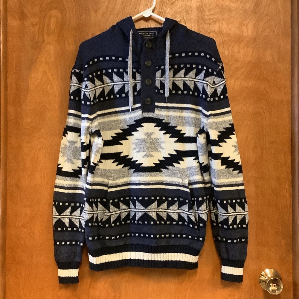 American Eagle AEO Men’s Aztec Fair Isle Hooded Knit Sweater / Baja Pullover M